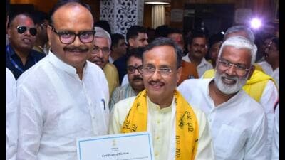 Dinesh Sharma was declared elected unopposed to the Rajya Sabha from UP on Friday. (HT Photo)