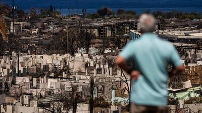 A man views the aftermath of a wildfire in Lahaina, Hawaii. Maui in Hawaii beckons tourists to stave off economic disaster after wildfires. (AP Photo/Jae C. Hong, File) A man views the aftermath of a wildfire in Lahaina, Hawaii. Maui in Hawaii beckons tourists to stave off economic disaster after wildfires. (AP Photo/Jae C. Hong, File)