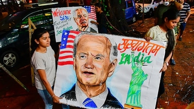 Portraits of US President Joe Biden made by art students ahead of the G20 Summit in Mumbai ON Thursday. (PTI) Portraits of US President Joe Biden made by art students ahead of the G20 Summit in Mumbai ON Thursday. (PTI)