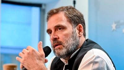Congress leader Rahul Gandhi addresses a press conference at the Brussels Press Club, in Belgium, Friday, Sept. 8. (PTI) Congress leader Rahul Gandhi addresses a press conference at the Brussels Press Club, in Belgium, Friday, Sept. 8. (PTI)