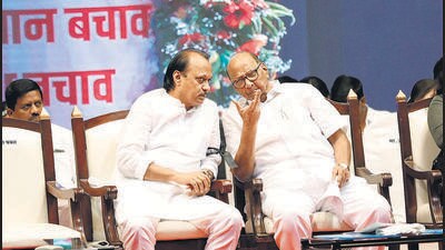 Pune, India - October 29, 2018: Nationalist Congress Party leaders Ajit Pawar and Sharad Pawar at the samvidhan bachao (save the Constitution) rally organised at Ganesh Kala Krida Manch on Monday. in Pune, India, on Monday, October 29, 2018. (Photo by Rahul Raut/HT PHOTO) Pune, India - October 29, 2018: Nationalist Congress Party leaders Ajit Pawar and Sharad Pawar at the samvidhan bachao (save the Constitution) rally organised at Ganesh Kala Krida Manch on Monday. in Pune, India, on Monday, October 29, 2018. (Photo by Rahul Raut/HT PHOTO)