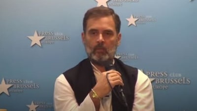 Rahul Gandhi addressing a press conference in Brussels on Friday.