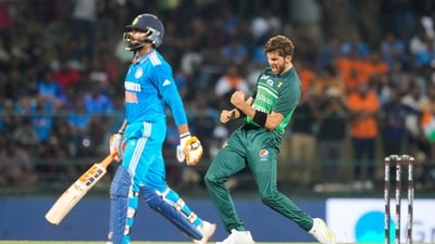 Pakistan's Shaheen Shah Afridi celebrates taking the wicket of India's Ravindra Jadeja during the Asia Cup cricket match between India and Pakistan in Pallekele, Sri Lanka on Saturday, Sep. 2. (AP Photo/Eranga Jayawardena) (AP) Pakistan's Shaheen Shah Afridi celebrates taking the wicket of India's Ravindra Jadeja during the Asia Cup cricket match between India and Pakistan in Pallekele, Sri Lanka on Saturday, Sep. 2. (AP Photo/Eranga Jayawardena) (AP)