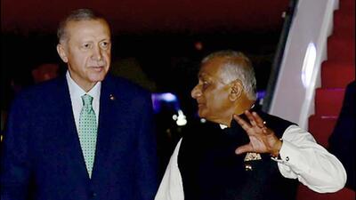 Turkiye president Recep Tayyip Erdoğan with minister of state General VK Singh (retd) at Palam Air Force Airport in New Delhi on Friday. (ANI) Turkiye president Recep Tayyip Erdoğan with minister of state General VK Singh (retd) at Palam Air Force Airport in New Delhi on Friday. (ANI)