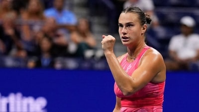 Aryna Sabalenka, of Belarus, reacts during a match against Madison Keys, of the United States, during the women's singles semifinals of the U.S. Open tennis championships (AP) Aryna Sabalenka, of Belarus, reacts during a match against Madison Keys, of the United States, during the women's singles semifinals of the U.S. Open tennis championships (AP)