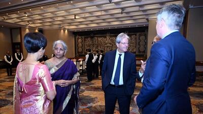 Union finance minister Nirmala Sitharaman with finance ministers of G20 nations and heads of international organisations during a dinner ahead of the G20 Summit, in New Delhi on Friday. (PTI) Union finance minister Nirmala Sitharaman with finance ministers of G20 nations and heads of international organisations during a dinner ahead of the G20 Summit, in New Delhi on Friday. (PTI)