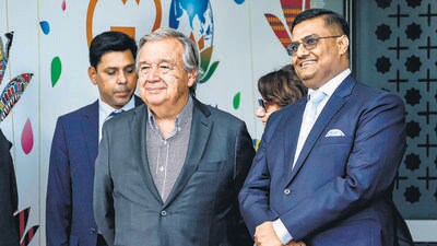 United Nations secretary-general Antonio Guterres (left) arrived in New Delhi on Friday. (PTI) United Nations secretary-general Antonio Guterres (left) arrived in New Delhi on Friday. (PTI)