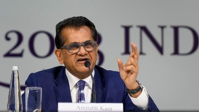 India's G20 Sherpa Amitabh Kant during the G20 curtain raiser press conference, in New Delhi, Friday. (PTI) India's G20 Sherpa Amitabh Kant during the G20 curtain raiser press conference, in New Delhi, Friday. (PTI)