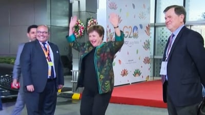 Managing Director of the International Monetary Fund Kristalina Georgieva shakes a leg as she receives a traditional welcome upon her arrival at the airport ahead of the G20 Summit, in New Delhi. (PTI) Managing Director of the International Monetary Fund Kristalina Georgieva shakes a leg as she receives a traditional welcome upon her arrival at the airport ahead of the G20 Summit, in New Delhi. (PTI)