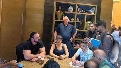 Drew McIntyre (Left) in conversation with the media. (HT Sports) Drew McIntyre (Left) in conversation with the media. (HT Sports)