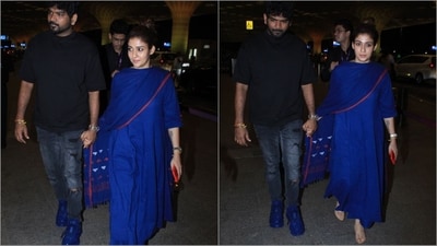 Nayanthara and her husband Vignesh Shivan were spotted outside Mumbai airport on Thursday night. (HT Photo/VarinderChawla) Nayanthara and her husband Vignesh Shivan were spotted outside Mumbai airport on Thursday night. (HT Photo/VarinderChawla)