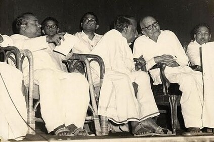 The fourth phase of the anti-Hindi struggle erupted in 1965 

(Front row : left to right) K. A. Mathialagan, C. N. Annadurai, Rajaji and M. Karunanidhi (Wikimedia Commons)