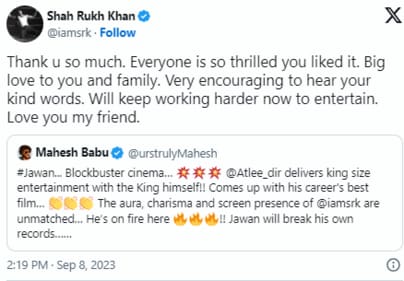 Shah Rukh Khan has reacted to Mahesh Babu's shout out. Shah Rukh Khan has reacted to Mahesh Babu's shout out.