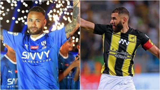 Neymar (L) signed for Al Hilal; Karim Benzema in action for Al-Ittihad (AP)