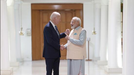 Prime Minister Narendra Modi meets United States President Joe Biden prior to bilateral talks, at 7, Lok Kalyan Marg, in New Delhi on Friday. (HT Photo) (ht photo)