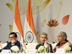 Union Finance Minister Nirmala Sitharaman along with MEA S. Jaishankar and G20 Sherpa Amitabh Kant addresses the media during a press conference during G20 Leaders' Summit, at International Media Centre in New Delhi on Saturday
Union Finance Minister Nirmala Sitharaman along with MEA S. Jaishankar and G20 Sherpa Amitabh Kant addresses the media during a press conference during G20 Leaders' Summit, at International Media Centre in New Delhi on Saturday