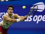 Carlos Alcaraz of Spain returns a shot against Daniil Medvedev of Russia during their Men's Singles semifinal US Open Carlos Alcaraz of Spain returns a shot against Daniil Medvedev of Russia during their Men's Singles semifinal US Open