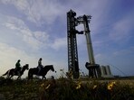 NASA astronaut Sunita Williams, left, and Haley Esparza, right, ride on a horse as they visit SpaceX's Starship on April 19. NASA astronaut Sunita Williams, left, and Haley Esparza, right, ride on a horse as they visit SpaceX's Starship on April 19.