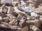 A cat walks through the rubble after an earthquake in Moulay Ibrahim village, near Marrakech, Morocco, Saturday.