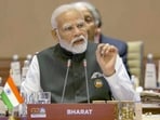 The nameplate reads Bharat as Prime Minister Narendra Modi makes remarks at Session-1 on 'One Earth' during the G20 Summit at the Bharat Mandapam convention Centre on Saturday.