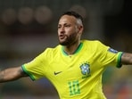Brazil's Neymar celebrates scoring their fifth goal