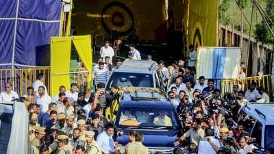 A convoy of former Andhra Pradesh chief minister N Chandrababu Naidu leaves for Vijaywada after his arrest from Nandyal (PTI) A convoy of former Andhra Pradesh chief minister N Chandrababu Naidu leaves for Vijaywada after his arrest from Nandyal (PTI)