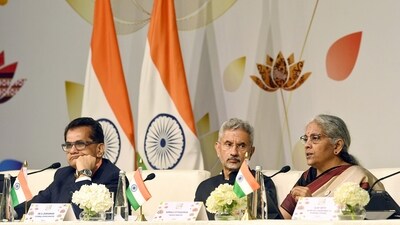 Union Finance Minister Nirmala Sitharaman along with MEA S. Jaishankar and G20 Sherpa Amitabh Kant addresses the media during a press conference during G20 Leaders' Summit, at International Media Centre in New Delhi on Saturday Union Finance Minister Nirmala Sitharaman along with MEA S. Jaishankar and G20 Sherpa Amitabh Kant addresses the media during a press conference during G20 Leaders' Summit, at International Media Centre in New Delhi on Saturday