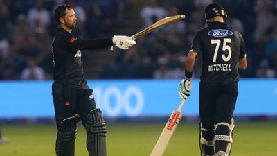 New Zealand's Devon Conway celebrates his 100 runs during the first One Day International cricket match between England and New Zealand at Sophia Gardens in Cardiff (AFP) New Zealand's Devon Conway celebrates his 100 runs during the first One Day International cricket match between England and New Zealand at Sophia Gardens in Cardiff (AFP)