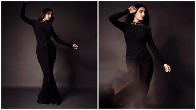 Fatima Sana Shaikh made a chic statement in an all-black, figure-hugging gown designed by the renowned duo Shantanu and Nikhil. (Instagram/@fatimasanashaikh) Fatima Sana Shaikh made a chic statement in an all-black, figure-hugging gown designed by the renowned duo Shantanu and Nikhil. (Instagram/@fatimasanashaikh)