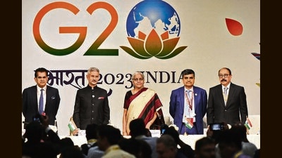 G 20 Sherpa Amitabh Kant , External Affairs Minister S Jaishankar , Finance Minister Nirmala Sitaraman, DEA Secretary Ajay Seth and Chief Coordinator G20 Harsh Vardhan Shringla after the press conference during the G20 Summit. (Sanjeev Verma/HT) G 20 Sherpa Amitabh Kant , External Affairs Minister S Jaishankar , Finance Minister Nirmala Sitaraman, DEA Secretary Ajay Seth and Chief Coordinator G20 Harsh Vardhan Shringla after the press conference during the G20 Summit. (Sanjeev Verma/HT)