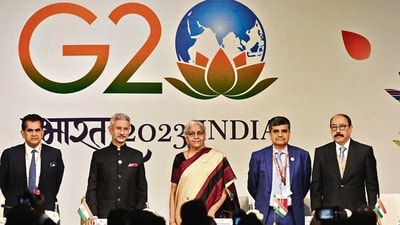 G20 Sherpa Amitabh Kant , External Affairs Minister S Jaishankar , Finance Minister Nirmala Sitaraman, DEA Secretary Ajay Seth and Chief Coordinator G20 Harsh Vardhan Shringla after the press conference during the G20 Summit. (Sanjeev Verma/HT) G20 Sherpa Amitabh Kant , External Affairs Minister S Jaishankar , Finance Minister Nirmala Sitaraman, DEA Secretary Ajay Seth and Chief Coordinator G20 Harsh Vardhan Shringla after the press conference during the G20 Summit. (Sanjeev Verma/HT)