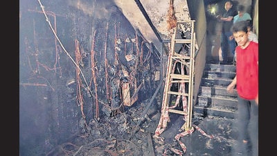 Inside their houses, residents became aware that something was wrong when the electricity abruptly went off. “In a while, we began hearing loud blast-like noises,” said Afroz Khan, a resident of Flat 101 directly above the foyer. “We couldn’t open the door, as the fire had reached there. Within five minutes, smoke filled our house from the corridor and windows. Breathing was becoming difficult. We were all scared.” (Vijay Bate/HT Photo) Inside their houses, residents became aware that something was wrong when the electricity abruptly went off. “In a while, we began hearing loud blast-like noises,” said Afroz Khan, a resident of Flat 101 directly above the foyer. “We couldn’t open the door, as the fire had reached there. Within five minutes, smoke filled our house from the corridor and windows. Breathing was becoming difficult. We were all scared.” (Vijay Bate/HT Photo)
