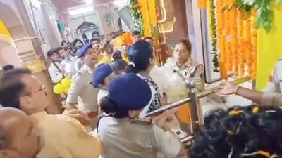 Maharani Jiteshwari Devi being taken away from the temple sanctum sanctorum. (Screen grab) Maharani Jiteshwari Devi being taken away from the temple sanctum sanctorum. (Screen grab)