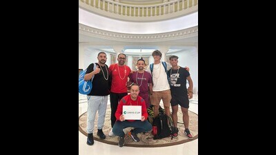 Morocco team members pose for a group picture after reaching Lucknow on Saturday afternoon. (HT Photo) Morocco team members pose for a group picture after reaching Lucknow on Saturday afternoon. (HT Photo)