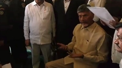 TDP chief Chandrababu Naidu after being arrested in a corruption case, in Nandyal, in the eary hours of Saturday, Sept. 9, 2023. (PTI Photo) TDP chief Chandrababu Naidu after being arrested in a corruption case, in Nandyal, in the eary hours of Saturday, Sept. 9, 2023. (PTI Photo)