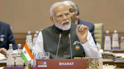 The nameplate reads Bharat as Prime Minister Narendra Modi makes remarks at Session-1 on 'One Earth' during the G20 Summit at the Bharat Mandapam convention Centre on Saturday. (PTI)