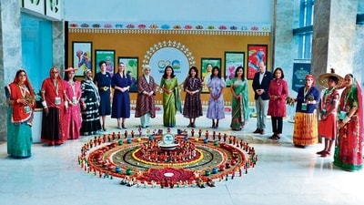 Partners of the heads of G20 countries at the National Agriculture Science Centre’s “Rangoli area” featuring two massive “millet Rangolis”. (HT Photo) Partners of the heads of G20 countries at the National Agriculture Science Centre’s “Rangoli area” featuring two massive “millet Rangolis”. (HT Photo)