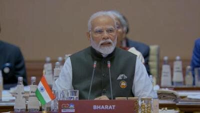 Prime Minister Narendra Modi delivering the welcome address on Day 1 of the G20 Summit in New Delhi on Saturday. (HT PHOTO) Prime Minister Narendra Modi delivering the welcome address on Day 1 of the G20 Summit in New Delhi on Saturday. (HT PHOTO)