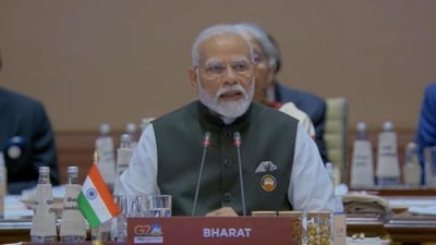 Prime Minister Narendra Modi delivering the welcome address on Day 1 of the G20 Summit in New Delhi on Saturday. (HT Photo) Prime Minister Narendra Modi delivering the welcome address on Day 1 of the G20 Summit in New Delhi on Saturday. (HT Photo)