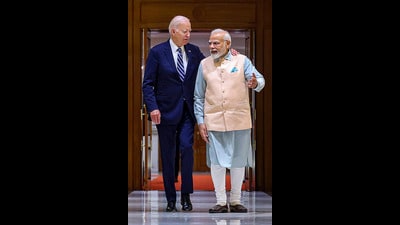 Prime Minister Narendra Modi with US President Joe Biden, in New Delhi on Friday. (PTI) Prime Minister Narendra Modi with US President Joe Biden, in New Delhi on Friday. (PTI)