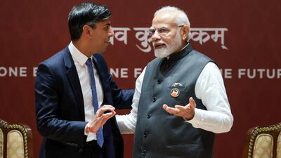 Prime Minister Narendra Modi with his Britain counterpart Rishi Sunak during a bilateral meeting on the first day of the G20 Summit (HT Photo) Prime Minister Narendra Modi with his Britain counterpart Rishi Sunak during a bilateral meeting on the first day of the G20 Summit (HT Photo)
