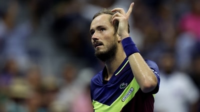 Russia's Daniil Medvedev reacts  during his semi final match against Spain's Carlos Alcaraz (REUTERS)