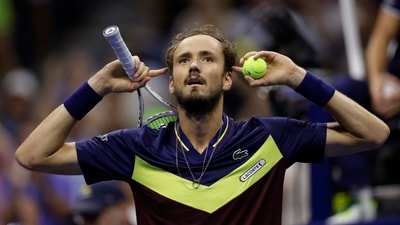Russia's Daniil Medvedev reacts after winning the US Open tennis tournament men's singles semi-finals match against Spain's Carlos Alcaraz (AFP) Russia's Daniil Medvedev reacts after winning the US Open tennis tournament men's singles semi-finals match against Spain's Carlos Alcaraz (AFP)