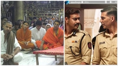 Shikhar Dhawan with Akshay Kumar at Mahakaleshwar temple (left), Ajay Devgn shared a pic on Akshay's birthday. Shikhar Dhawan with Akshay Kumar at Mahakaleshwar temple (left), Ajay Devgn shared a pic on Akshay's birthday.
