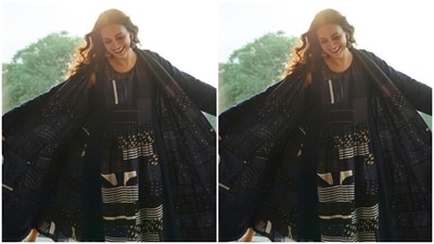 Dia decked up in a prussian blue long dress featuring geometric patterns in shades of white. She teamed it with a matching long shrug featuring full sleeves. (Instagram/@diamirzaofficial) Dia decked up in a prussian blue long dress featuring geometric patterns in shades of white. She teamed it with a matching long shrug featuring full sleeves. (Instagram/@diamirzaofficial)