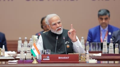 The “Bharat” country tag at Prime Minister Narendra Modi’s table during his opening remarks at the G20 Summit grabbed attention on Saturday morning. The “Bharat” country tag at Prime Minister Narendra Modi’s table during his opening remarks at the G20 Summit grabbed attention on Saturday morning.