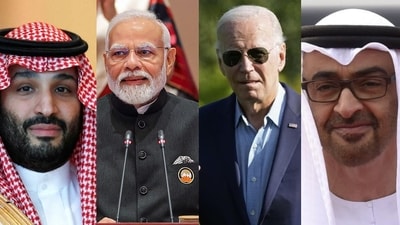(L-R) Crown Prince of Saudi Arabia Mohammed bin Salman Al Saud. Prime Minister of India Narendra Modi. US President Joe Biden. UAE President Mohammed bin Zayed Al Nahyan.