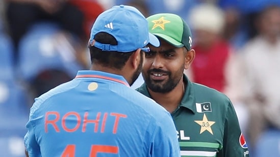 Indian cricket captain Rohit Sharma shakes hand with captain of the Pakistan team Babar Azam before the start Asia Cup 2023 match (AP)