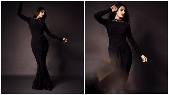 Fatima Sana Shaikh made a chic statement in an all-black, figure-hugging gown designed by the renowned duo Shantanu and Nikhil.&nbsp;(Instagram/@fatimasanashaikh)