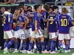 Japan's players celebrate scoring the 1-3 goal during the friendly football match between Germany and Japan at the Volkswagen Arena in Wolfsburg, central Germany, on September 9, 2023 Japan's players celebrate scoring the 1-3 goal during the friendly football match between Germany and Japan at the Volkswagen Arena in Wolfsburg, central Germany, on September 9, 2023